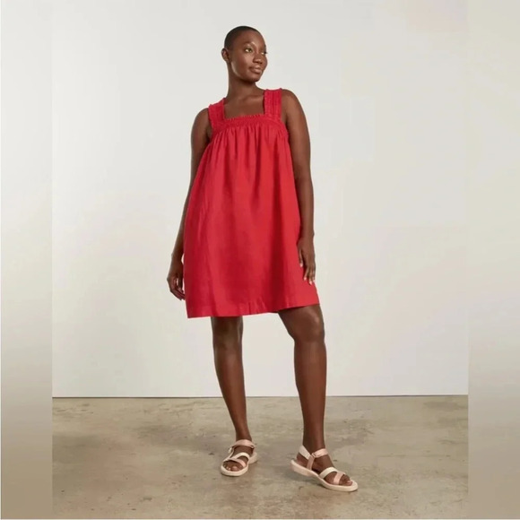 Everlane The Smocked Linen Dress Goji Berry Red Elastic Pockets Size Large L - Picture 1 of 7